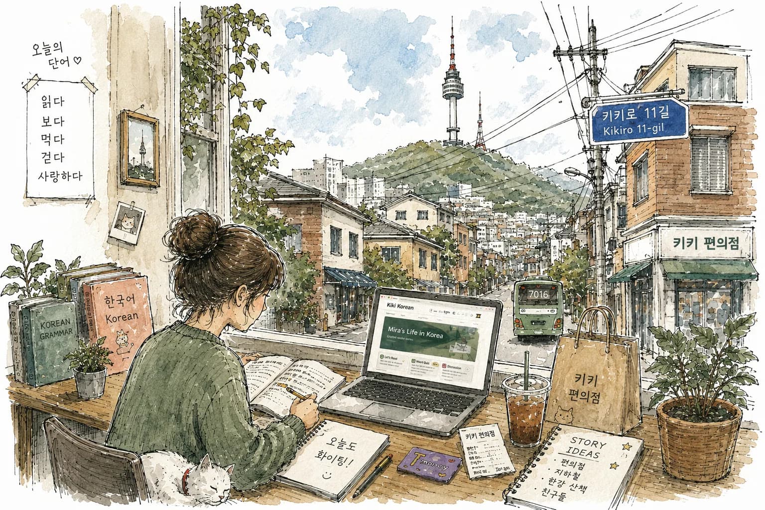 A Korean learner reading a KikiKorean story at a desk overlooking Seoul