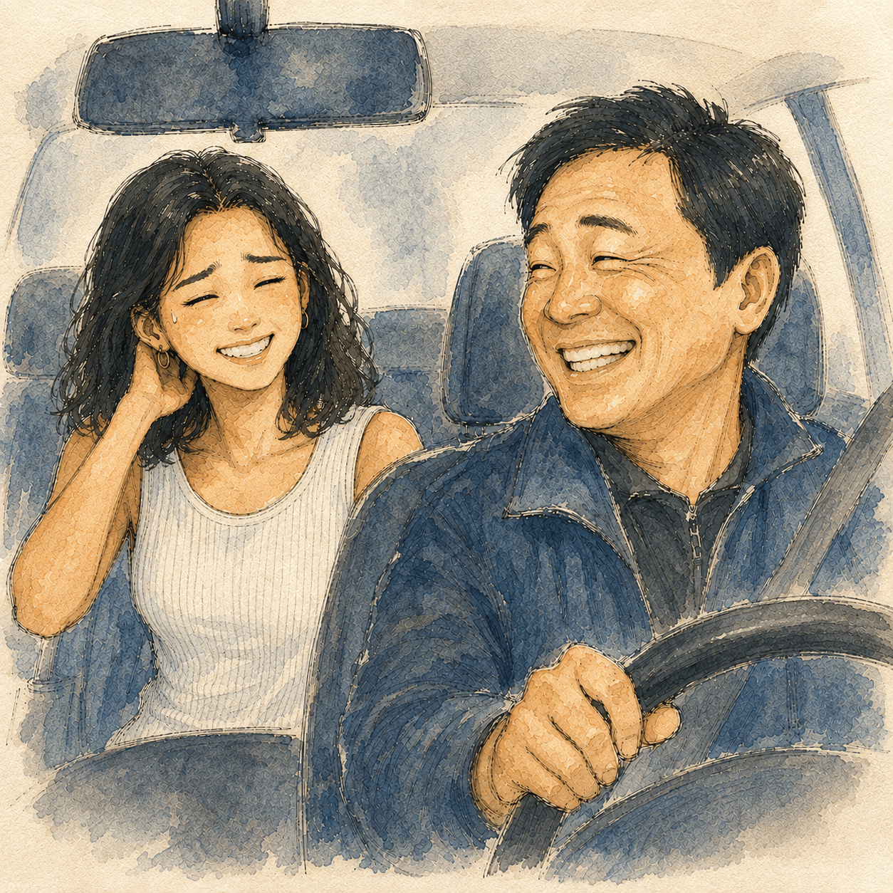 택시 기사와 대화하며 어색하게 웃는 미라